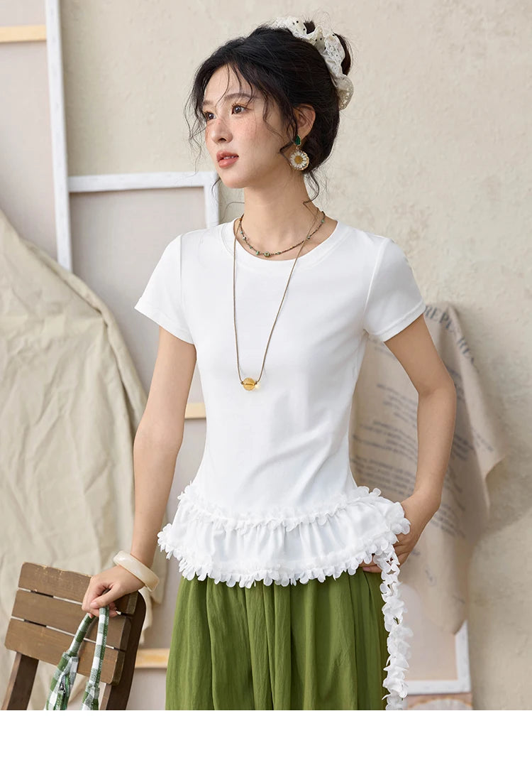 MISHOW White Ruffled T-shirt for Women Summer 2025 Round Neck Loose Slim Cotton Casual Tees with Red Lanyard Necklace MXE34T0557