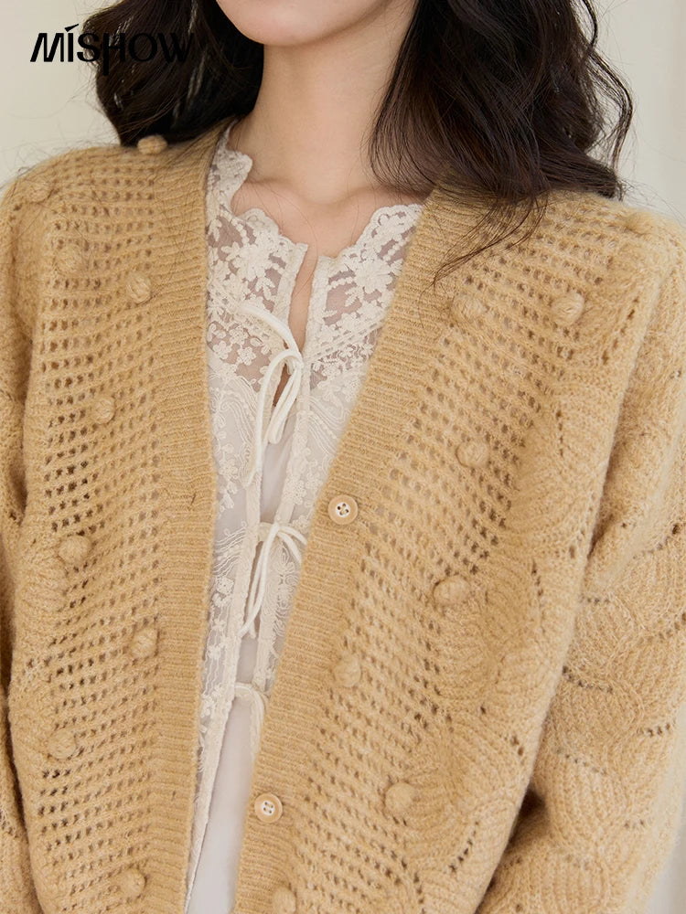 MISHOW Women's Solid Hollow-out Knit Thin Cardigan 2026 Spring V-Neck Bobble Knit tops Casual Loose Knitted Sweater MXF108Z1020