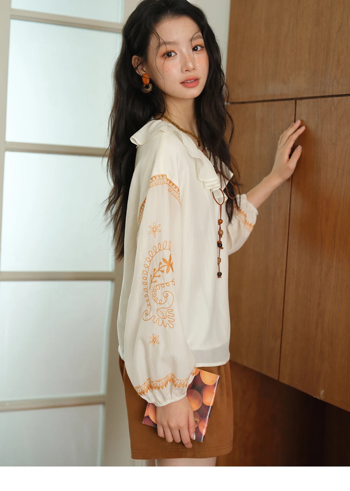 MISHOW Cashew Flower Embroidered Blouse Autumn 2025 Ruffle V-neck Lace Up Tops 100 Lyocell Lantern Sleeves Blouses MXE43X1987