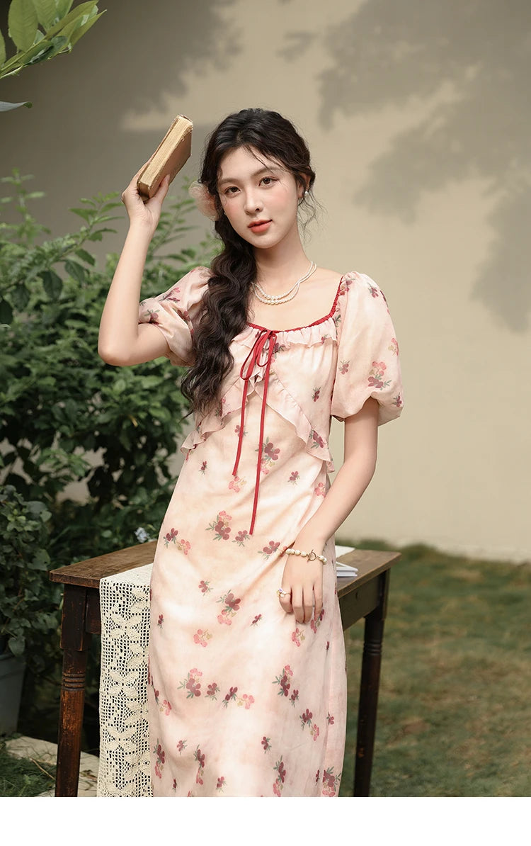 MISHOW Korean Floral Bubble Sleeve Lace-Up Dress MXD31L1924