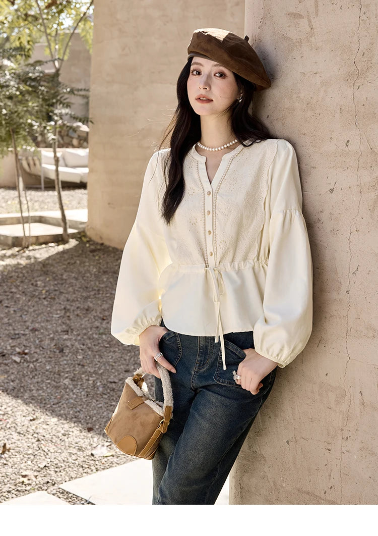 MISHOW Women's French V-neck Blouse Lace Lantern Sleeve Long-sleeved Blouses 2024 Fall Tie Drawstring Waist Slim Tops MXD45X1660