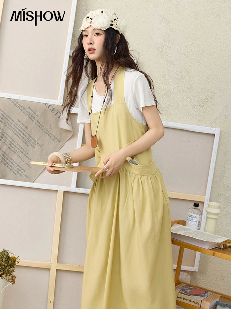 MISHOW Women's Cargo Large Pocket Strap Dress 2025 Summer Lemon-yellow Sleeveless Dress Retro Square Neck Loose Dress MXE35L2302