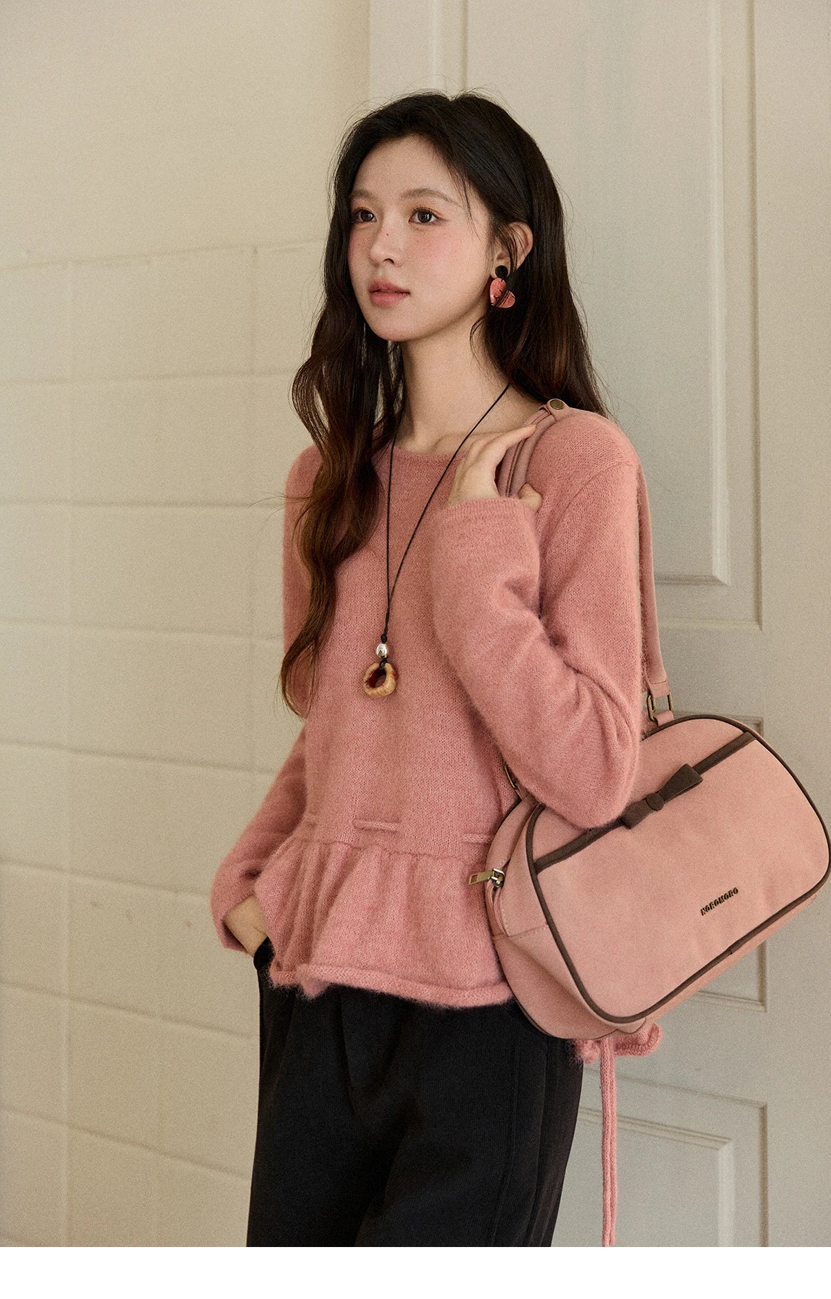 MISHOW Women's Pink Sweater 2025 Winter French Style Round Neck Knit Top Ruffled Hem with Drawstring Belt Pullover MXE90Z2824