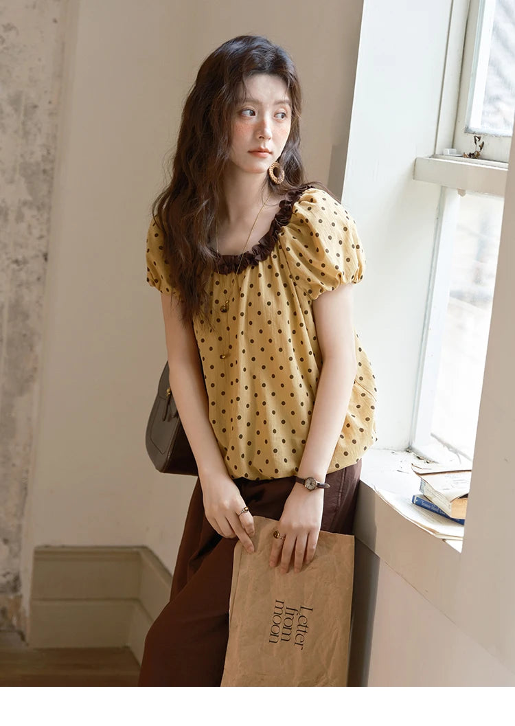 MISHOW 2025 Summer Women's Two Piece Set Polka Dot Puff Sleeve Top Casual Pocket Wide Leg Pants Set Female Clothing MXE39T0657