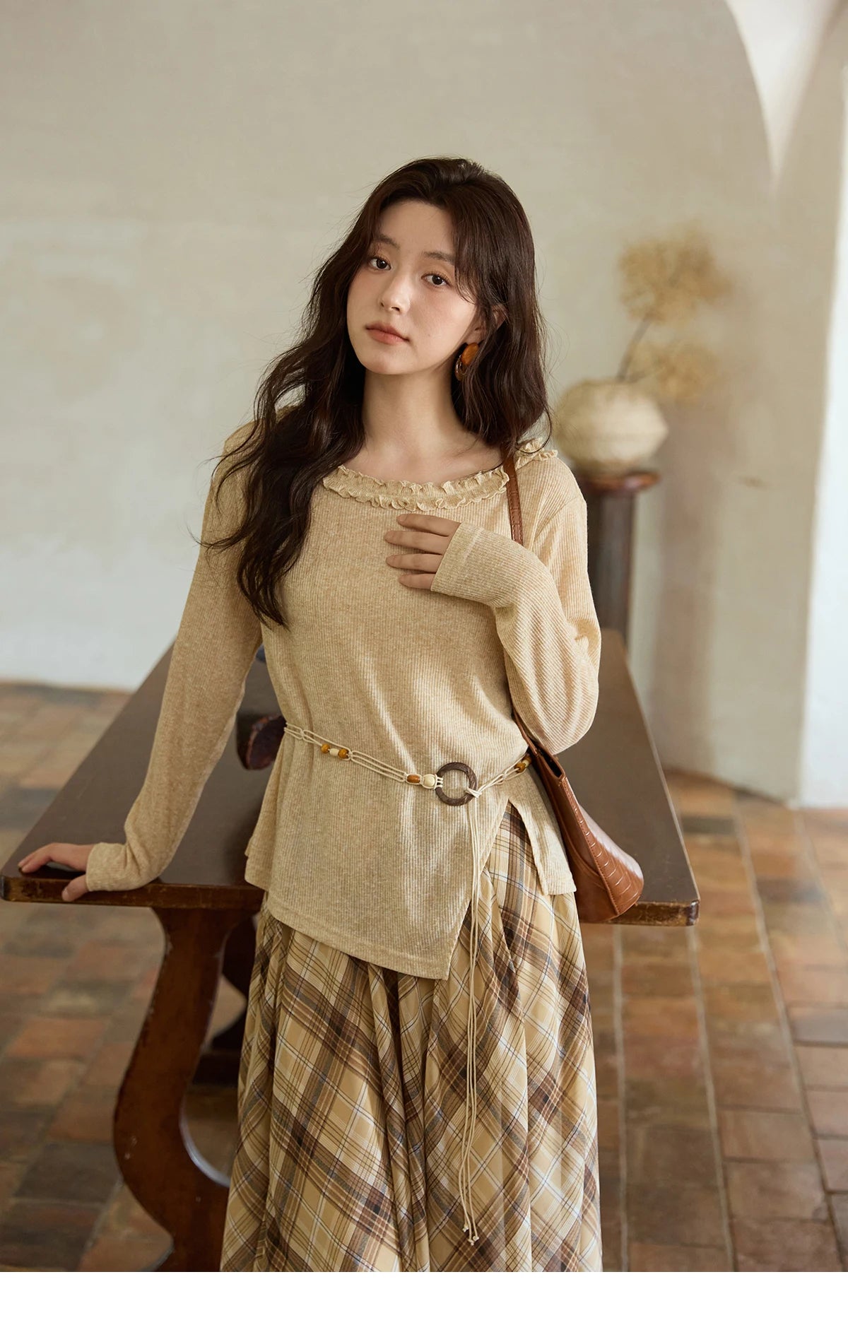 Mishow Apricot Ramie Knit Bohemian Belt Top MXE42Z1324