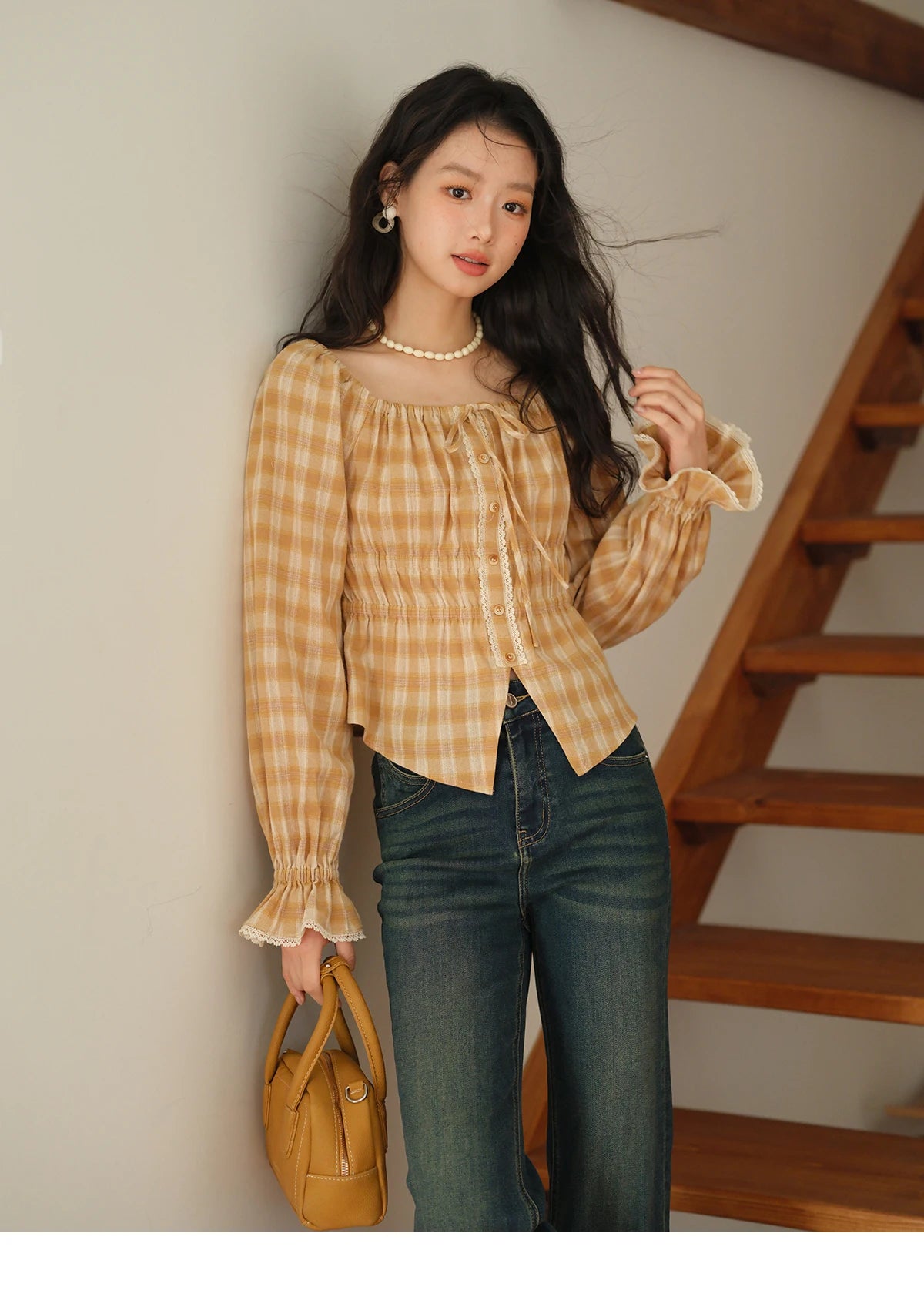 MISHOW Yellow Plaid Blouse for Women 2025 Autumn Korean Waist Square Neck Top Cuff Patchwork Lace Puff Sleeve Blouses MXE43X1986