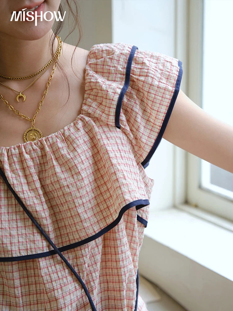 MISHOW Two-Piece Ladies Set Square Neck Ruffles Plaid Blouse High Waist Slim Wide Leg Casual Pants Set 2025 Summer MXE36T0636