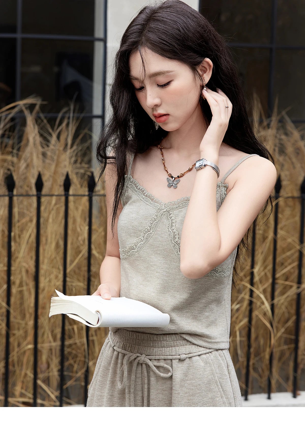 MISHOW French Women Lace Splicing Camisole Cardigan Straight Pants Separately Solid Top Elastic Waisted Pants MXD47T0405