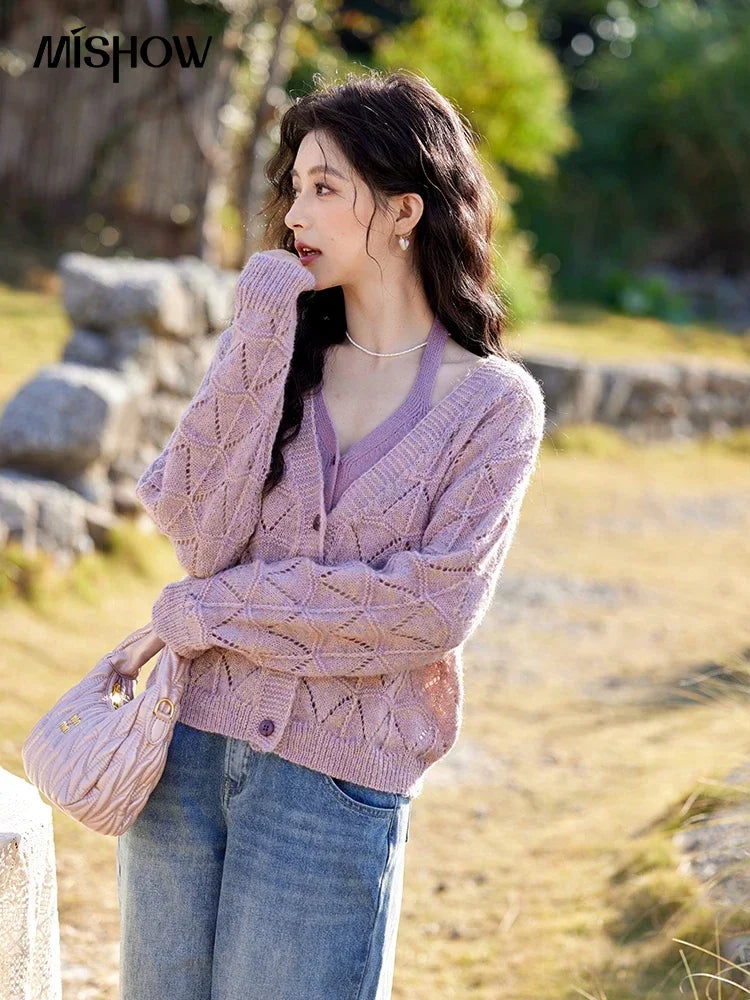 MISHOW French Knit Cardigan Women Separately 2025 Spring New Korean Casual Diamond Plaid Sweet V Neck Hollow Sweater MXE11Z1198