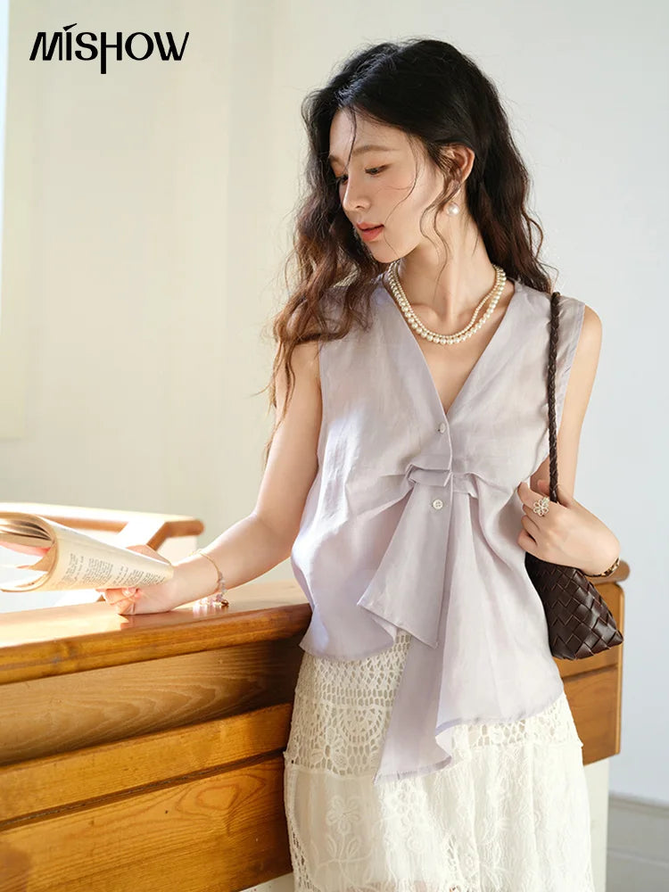 MISHOW Fashion V-neck Blouse for Women 2025 Summer New French Sleeveless Solid Button Kink Casual Top Female Clothing MXE39X1960