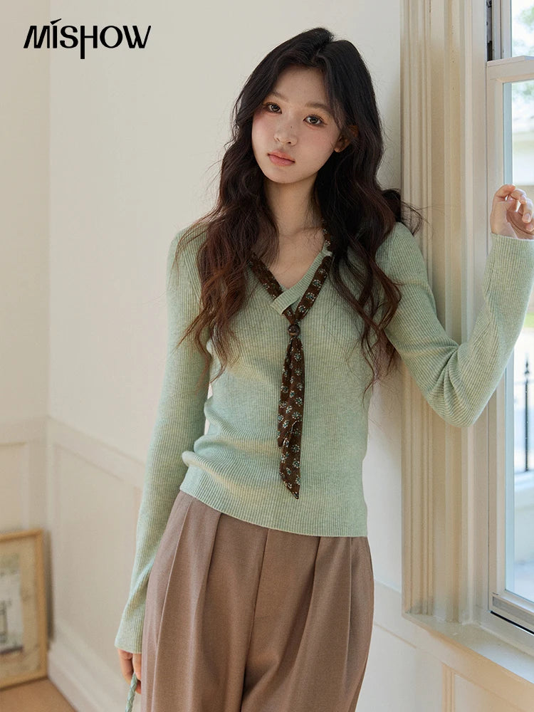 MISHOW Women's V Neck Tie Neck Floral Ribbed Knit Tops 2026 Spring Long Sleeve Slim Casual Soft Green Thin Sweater MXF108Z1024
