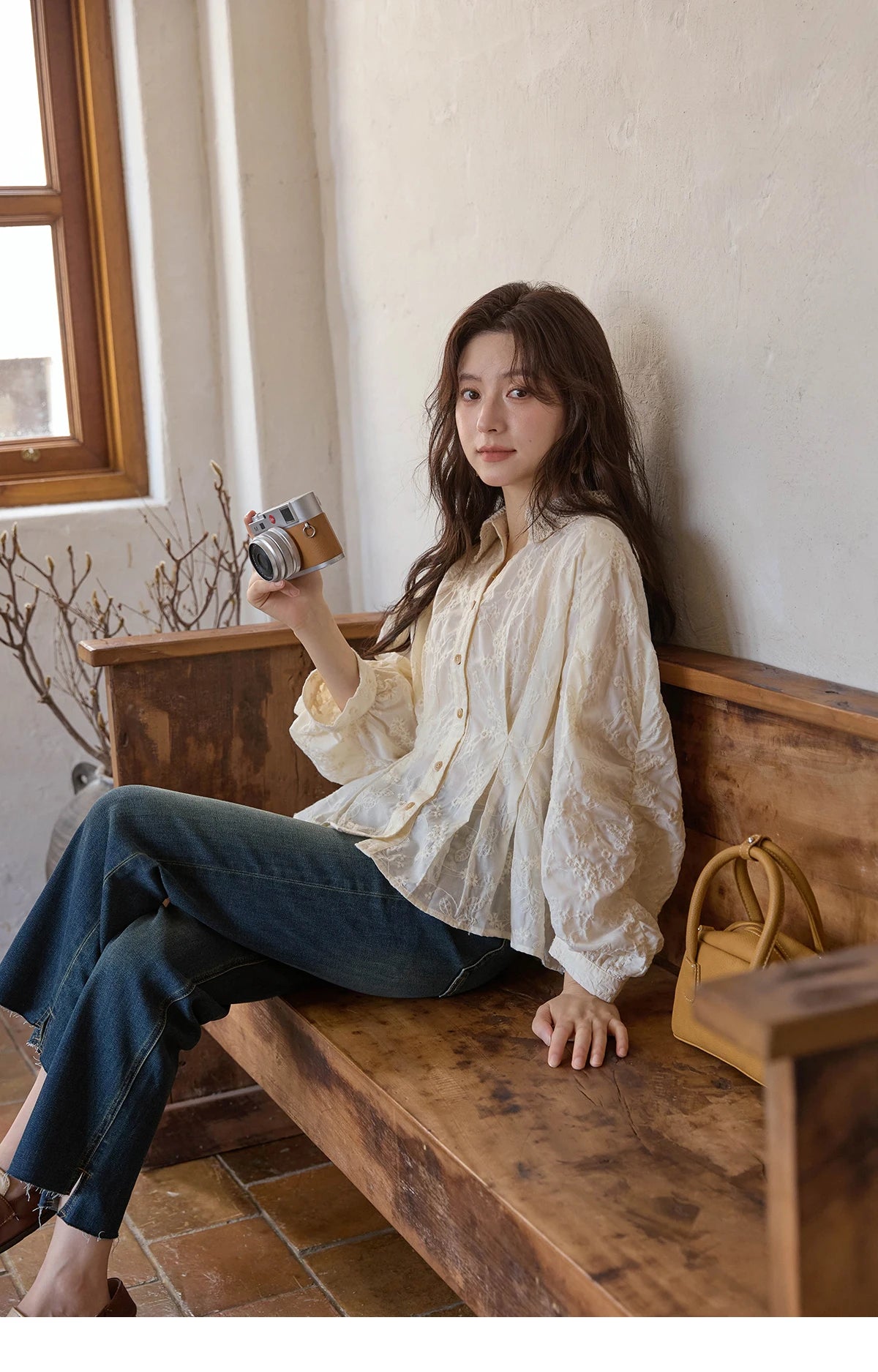 MISHOW Women's Lantern Sleeve Blouse 2025 Autumn French Lace Hollow Out Lapel Collar Shirts Waist Hem Ruffle Tops MXE42C2372