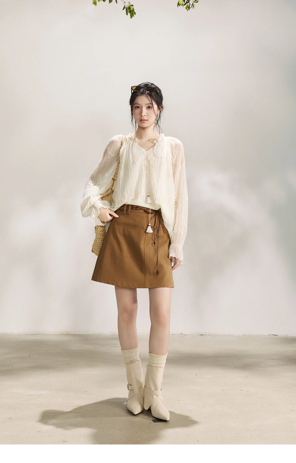 MISHOW Women's Tassel Tie Flower Embroidered Blouse 2026 Spring V-Neck Lantern Sleeves Top Casual Loose Sheer Blouses MXF13X2525