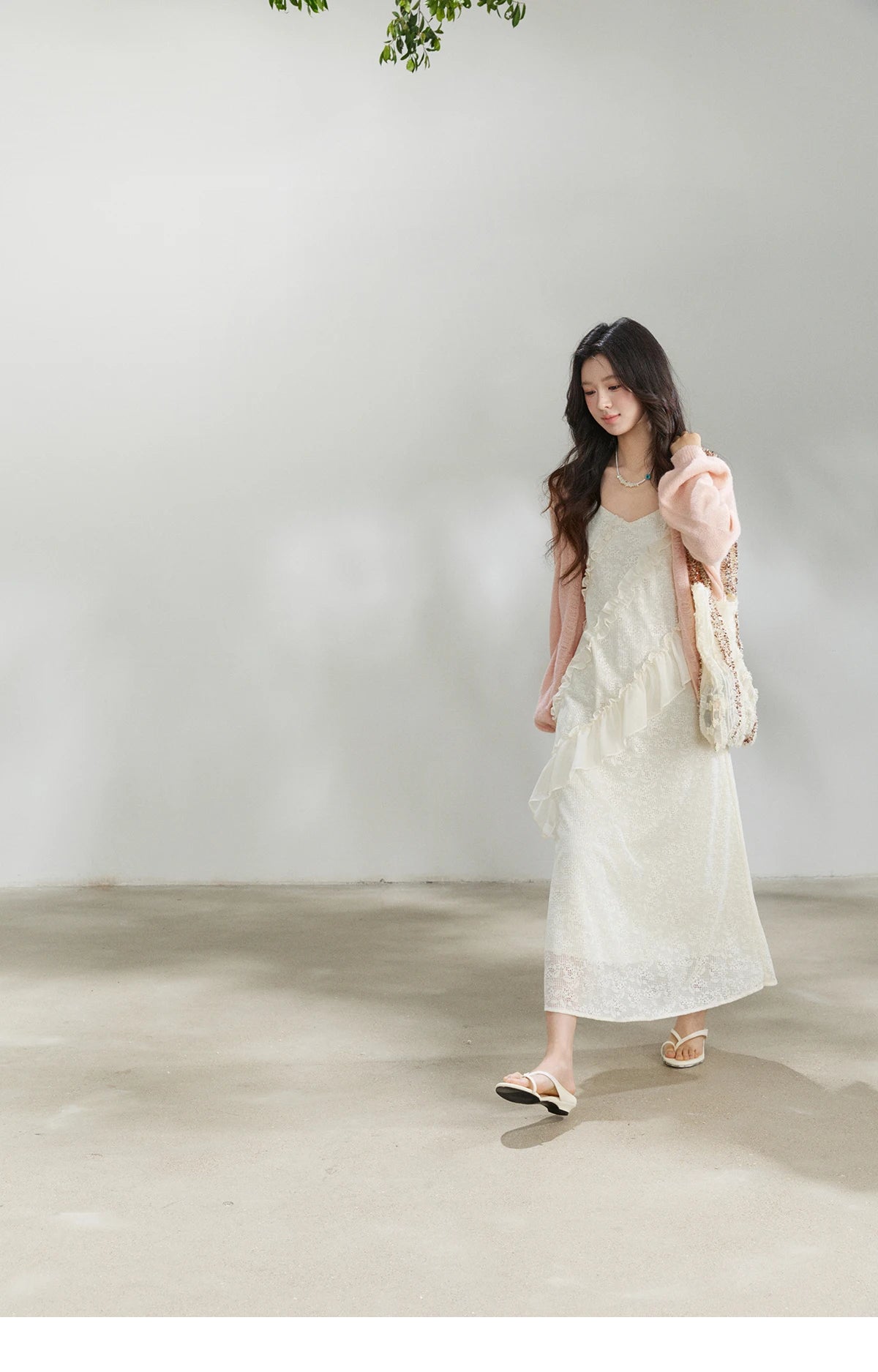 MISHOW Women's Cream Irregular Lace Slip Dress 2026 Spring V-Neck Ruffled Maxi Dresses Casual A-line Romantic Dress MXF108L1005