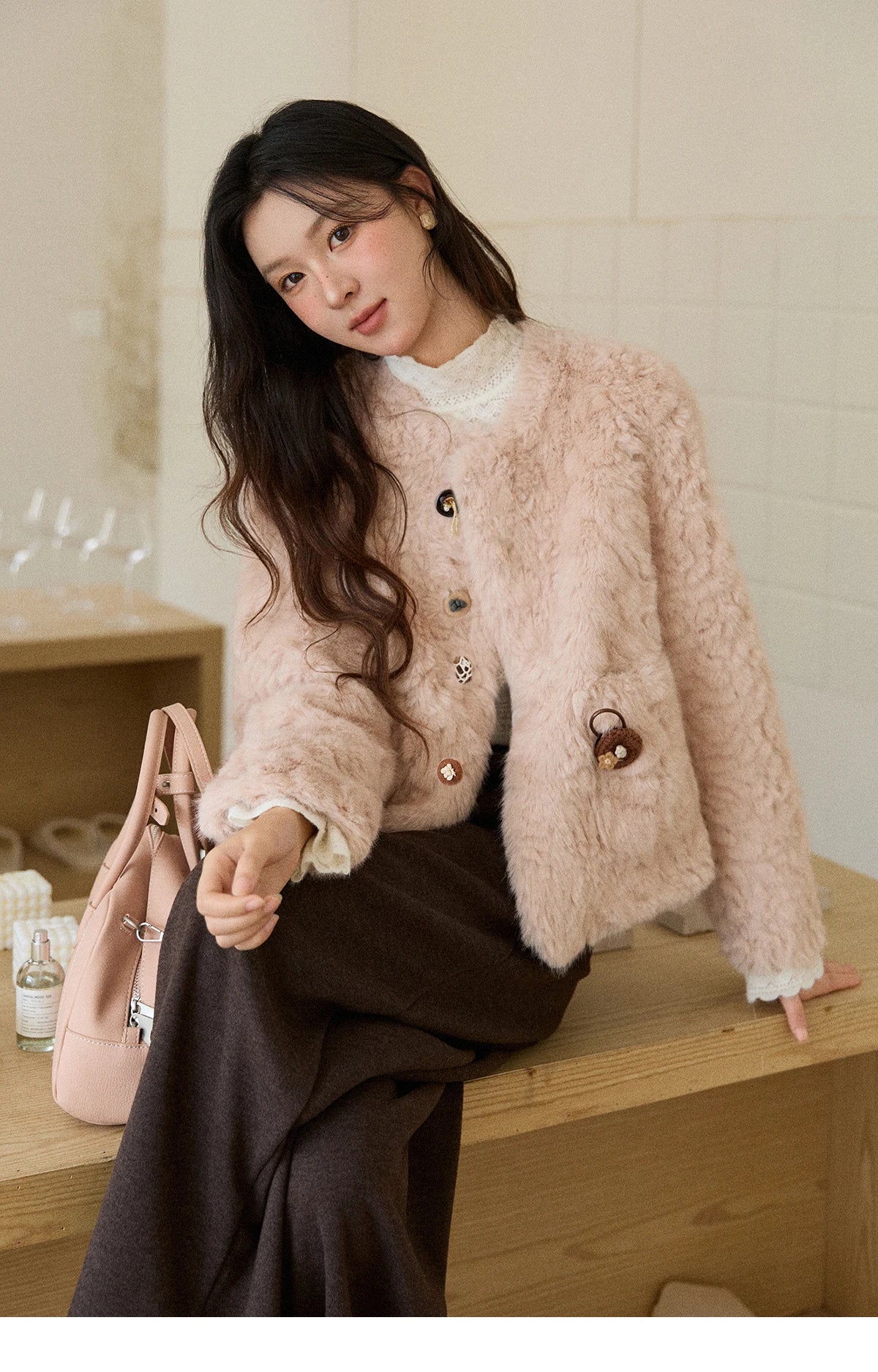 MISHOW Women's Winter Jacket 2025 Sweet Pink Faux Rabbit Fur Coat with Pockets Handcrafted Vintage Buttons Outerwear MXE87W0990