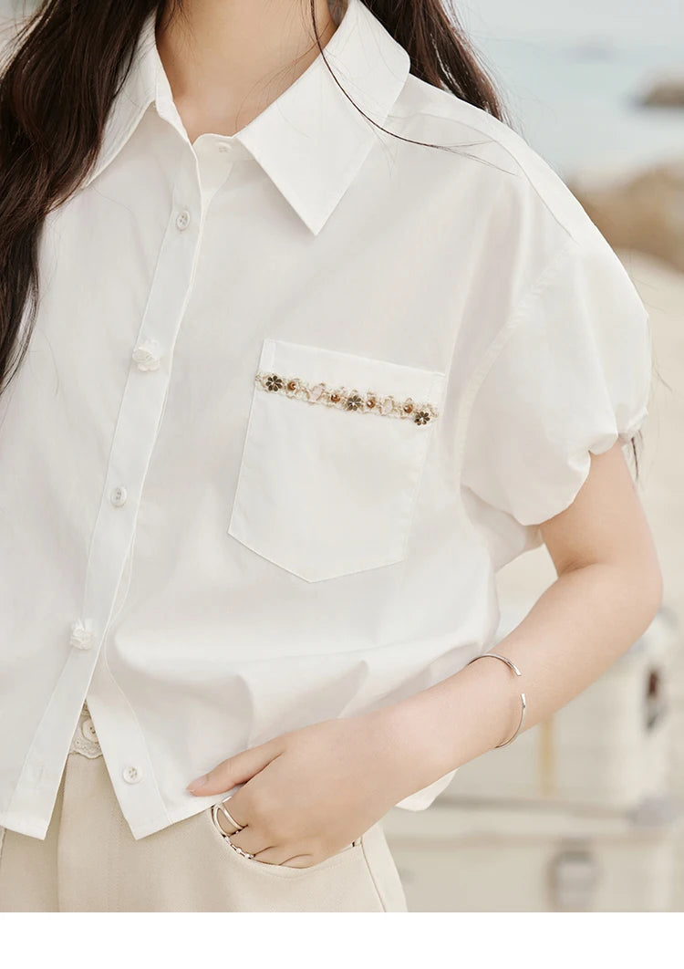 MISHOW Casual Summer Blouses Women 2025 New Short Puff Sleeve Turn Down Collar Shirt Female Fashion Shell Ribbon Tops MXE33C0773
