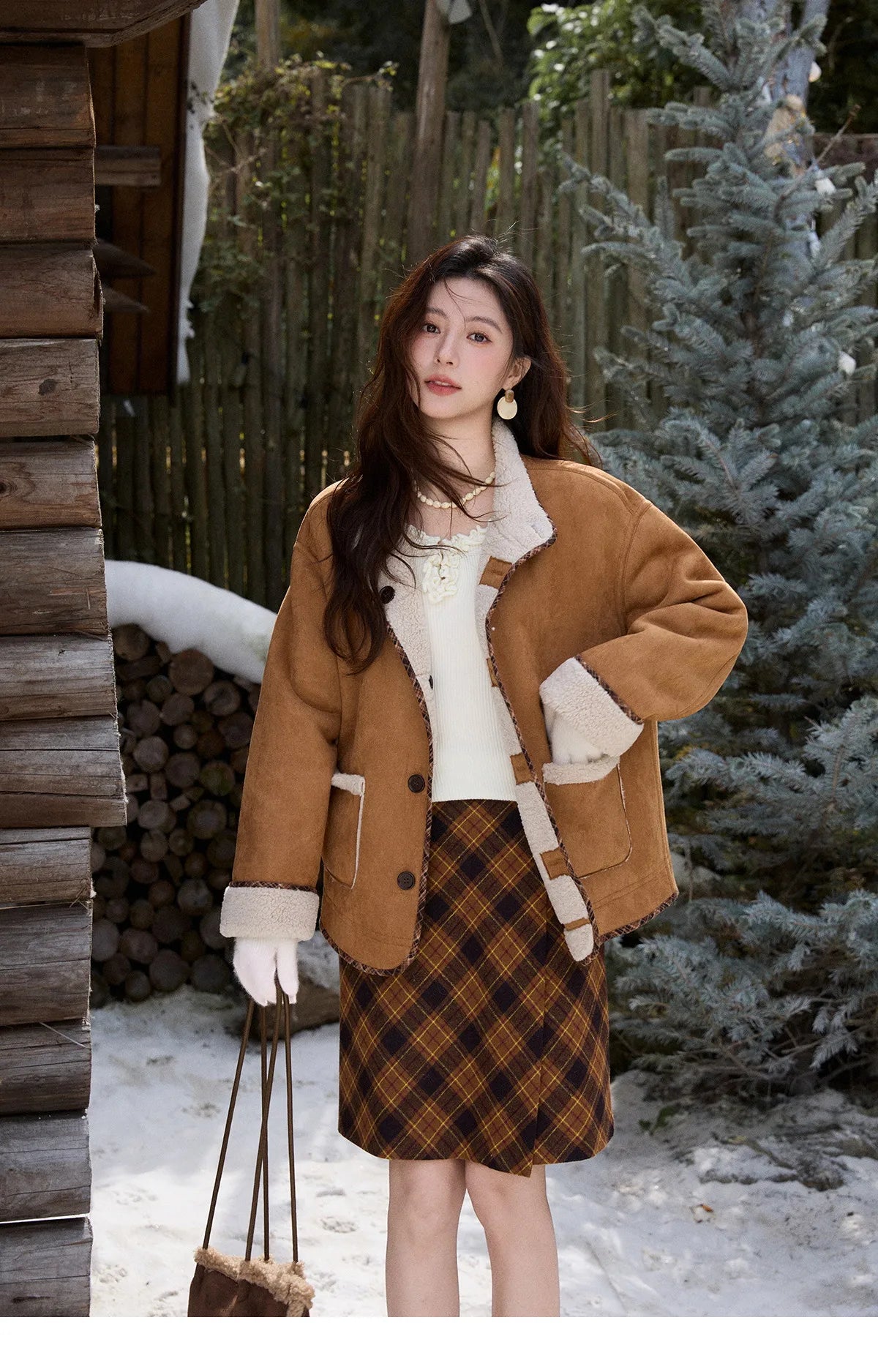 MISHOW Retro Plaid Brushed Skirt for Women Winter 2025 High Waist Slim Thick Skirt Side Invisible Zipper Warm Skirts MXE91B2457