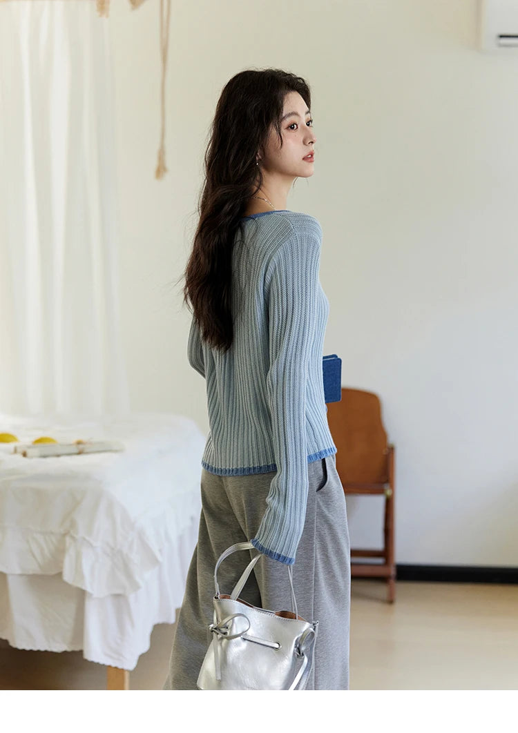 MISHOW Wool Blend Blue Contrasting Knitted Top 2025 Spring Slim Fit Base Sweater Women V Neck Shell Button Sweet Tops MXE14Z1184