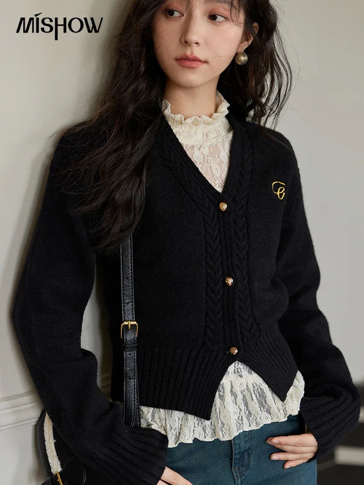MISHOW Elegant V-neck Sweater Women's Long-sleeved Knitted Jacket 2025 Fall Winter New Korean Vintage Short Cardigan MXD48Z0848