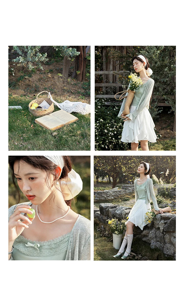 MISHOW Light Green Camisole Knit Cardigan Two-piece Set Spring Summer 2025 Lace Bow Camisole V-neck Cardigan Sets MXE15T0504