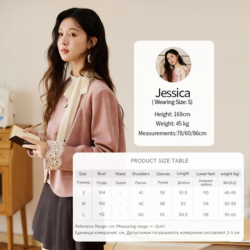 MISHOW Fragrant Suede Jacket for Women Autumn 2025 Cuffs Hollowed Out Lace Short Coats O-neck Metal Button Jackets MXE46W0839