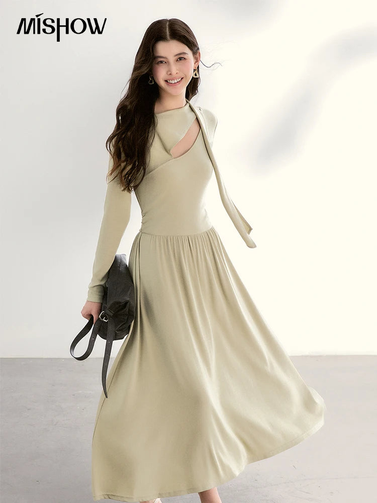 MISHOW Women's Light Green Midi Dress 2026 Spring Cutout Neck Hollow Out Ribbon Dresses Elegant Long Sleeve Dress MXF13L2556