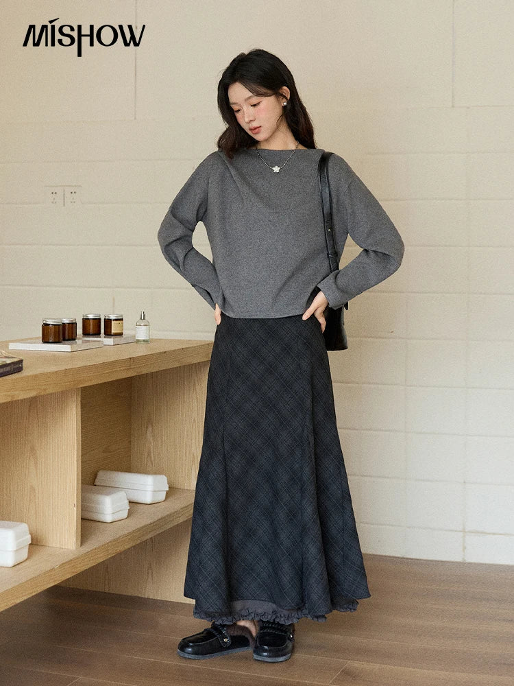 MISHOW Woman Gray Top 2025 Autumn French-style Diagonal Placket Knit Sweater Casual High-end Loose Pullover Woman MXE86Z2744