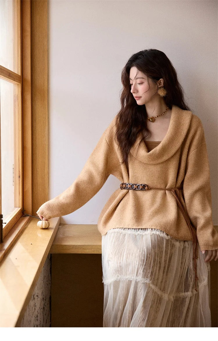 MISHOW Women's Orange Sweater 2025 Winter French Style Luxury Loose Long-sleeved Sweater Vest Belt Three-piece Set  MXE86T1437