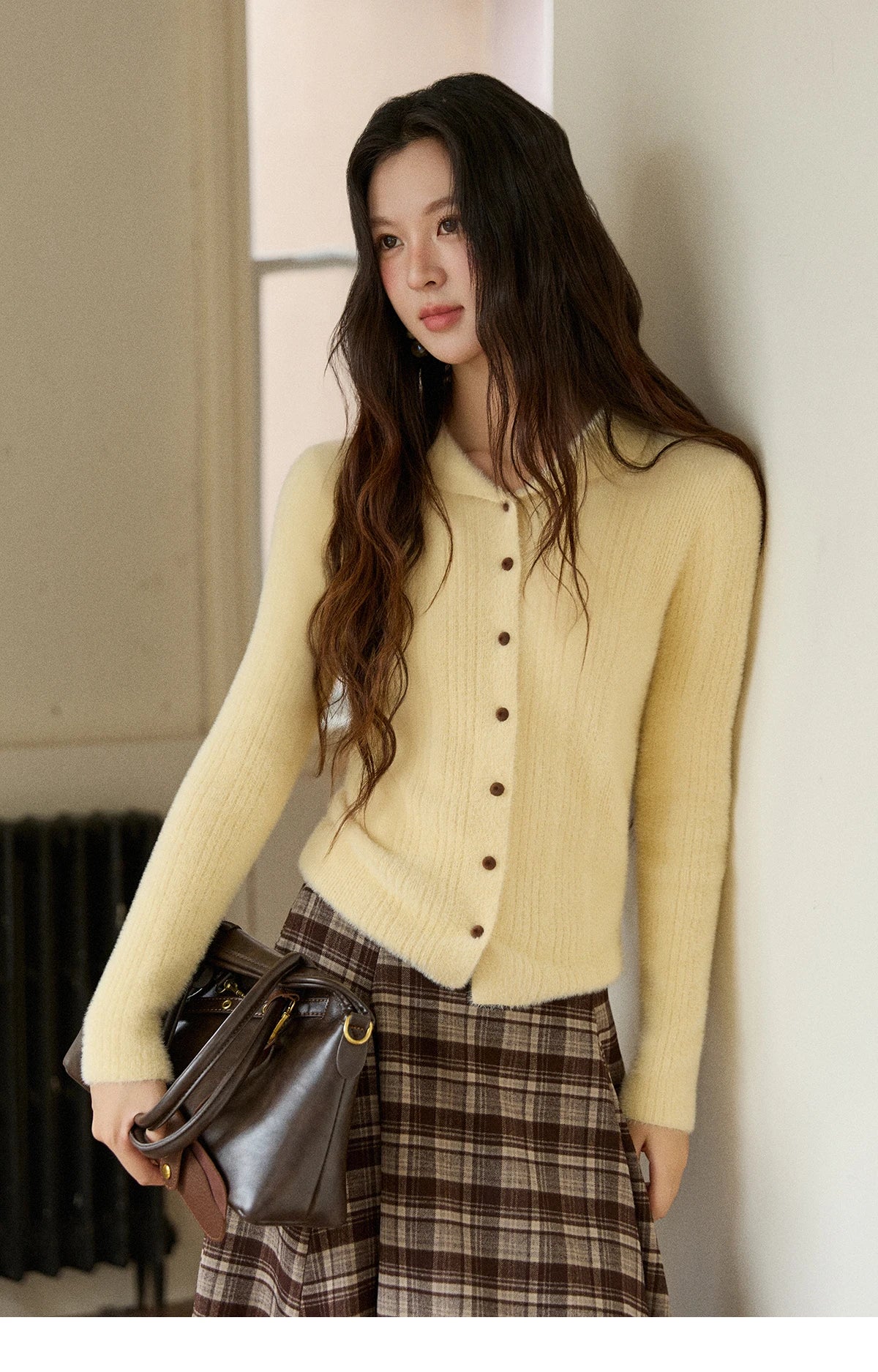 MISHOW Woman Yellow Cardigan 2025 Winter Imitation Mink Fur Knitted Cardigan Turn-down Collar Long Sleeves Soft Top MXE89Z2671