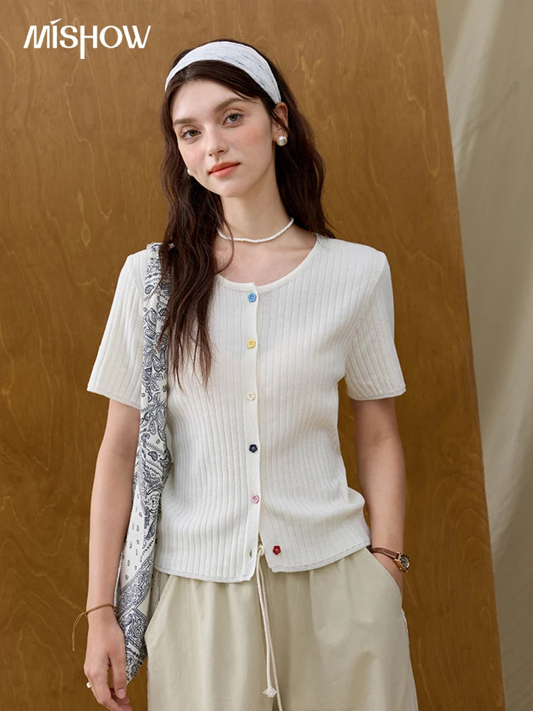 MISHOW Casual Summer Cardigan Women 2025 Short Sleeve Round Neck Solid Thin Knitted Pullovers Female Slimming Tops MXE34Z1268