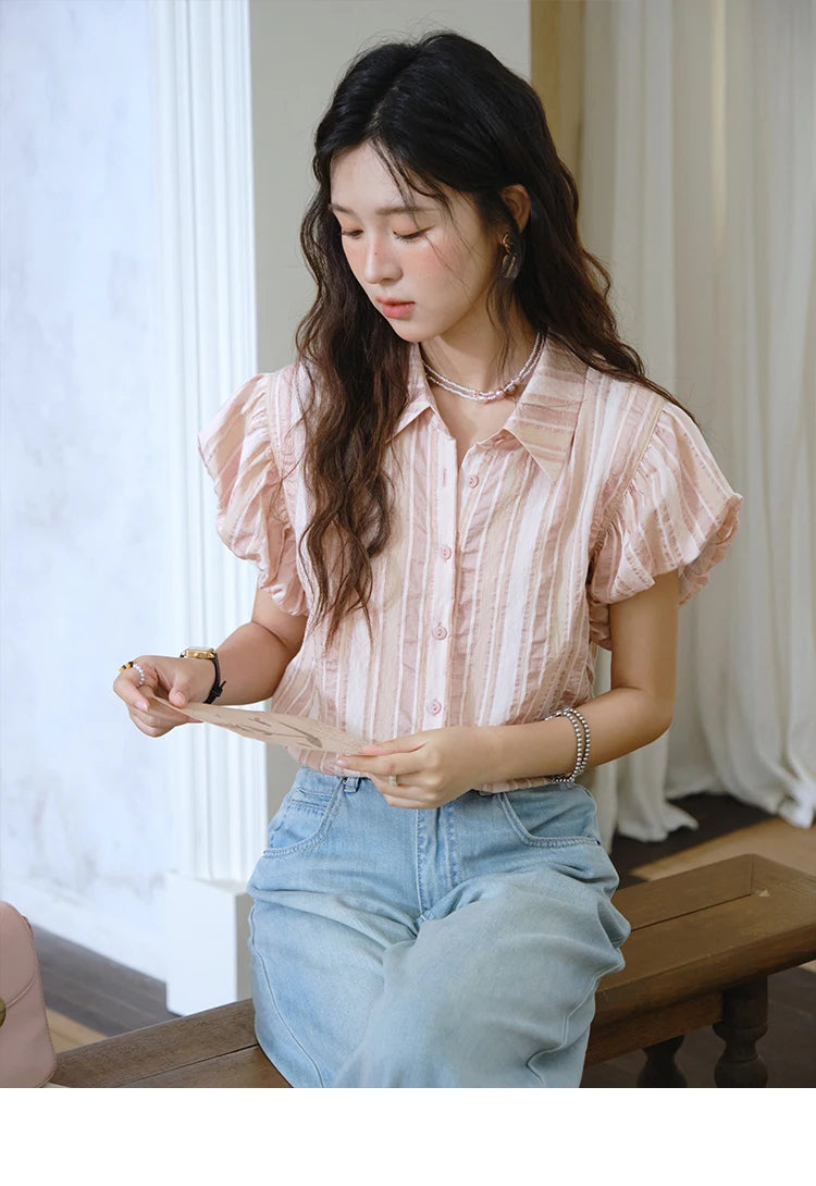 MISHOW Pink Turn-down Collar Flower Bud Sleeve Shirt for Women 2025 Summer New Women's Clothing Button Striped Shirt MXD24C0204