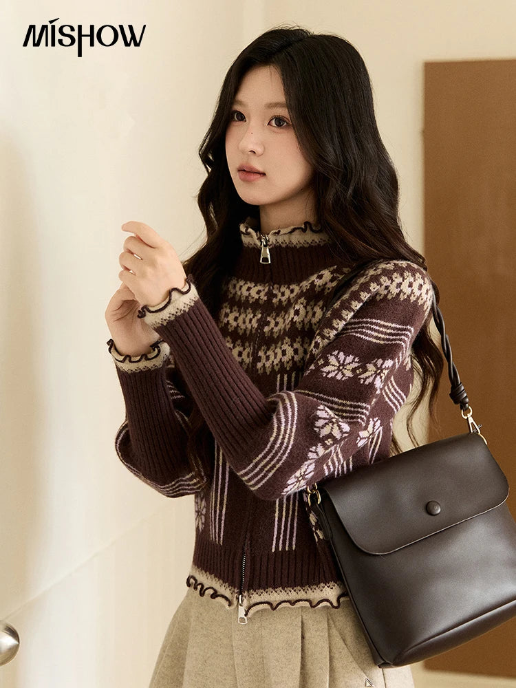 MISHOW Women's Brown Knitted Fair Isle Sweater Vintage Jacquard Lantern Sleeves Zipper Top Ruffled Trim Warm Sweaters MXE91Z2868