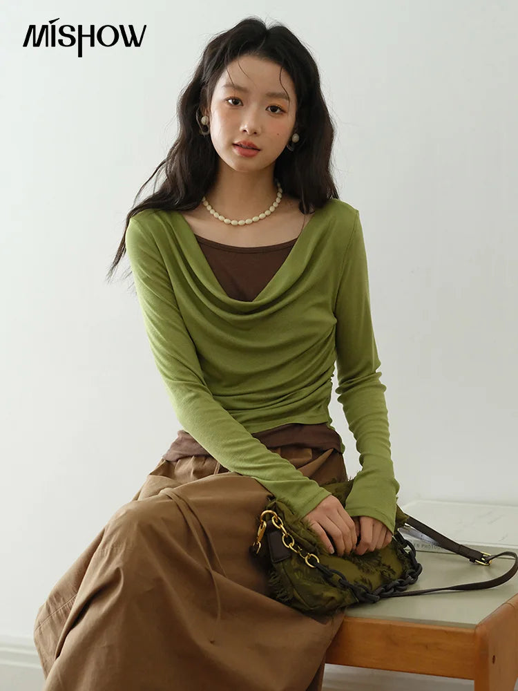 MISHOW Multi Colored Fake Two-piece Knitted Sweater 2025 Autumn Swinging Collar Casual Tops Contrasting Waist Top MXE42Z1341