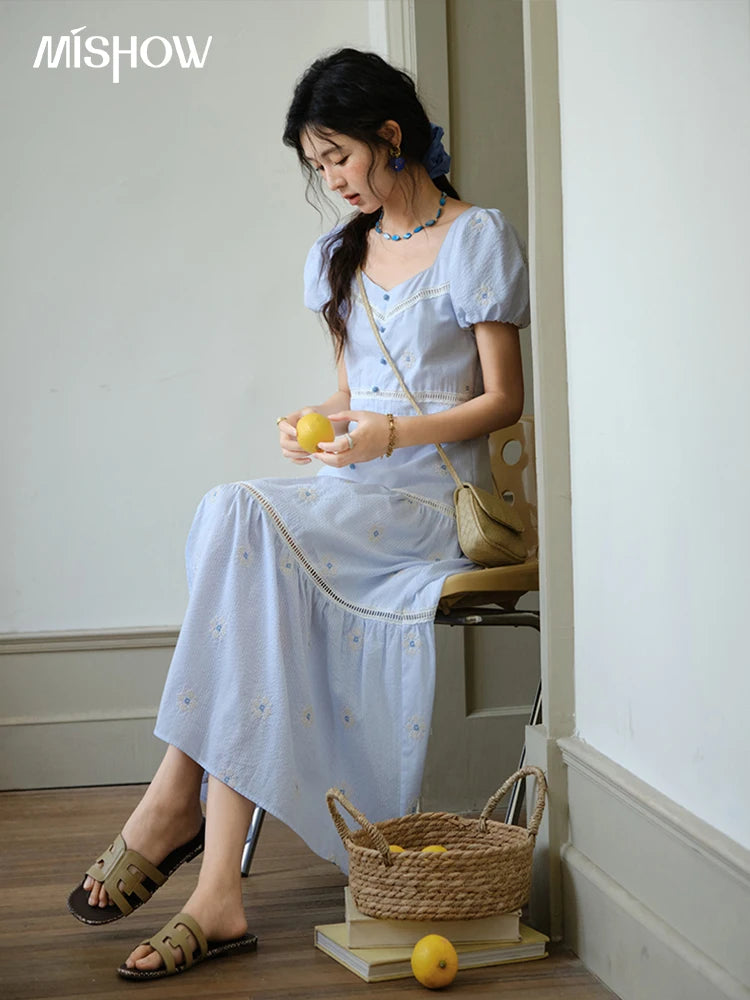Mishow French Sweet Flower Embroidery Puff Sleeve Dress MXE35L2271