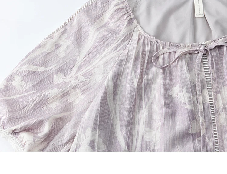 MISHOW Print Summer Chiffon Dress Women 2025 Short Sleeve U Neck Splicing Hollow Lace Midi Dresses Lady New Fashion MXE32L2164