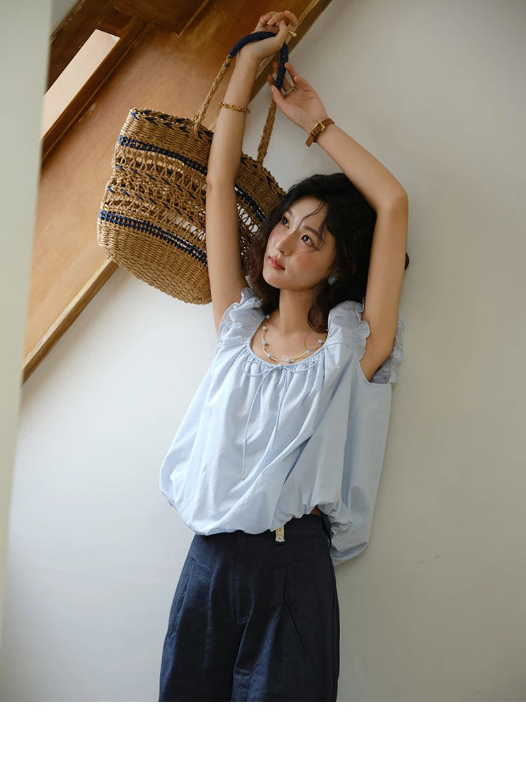 MISHOW 100% Cotton Blouse for Women 2025 Summer New Fashion Puff Sleeve Casual Commute Lace Up Top Ladies Clothing MXE37X1893