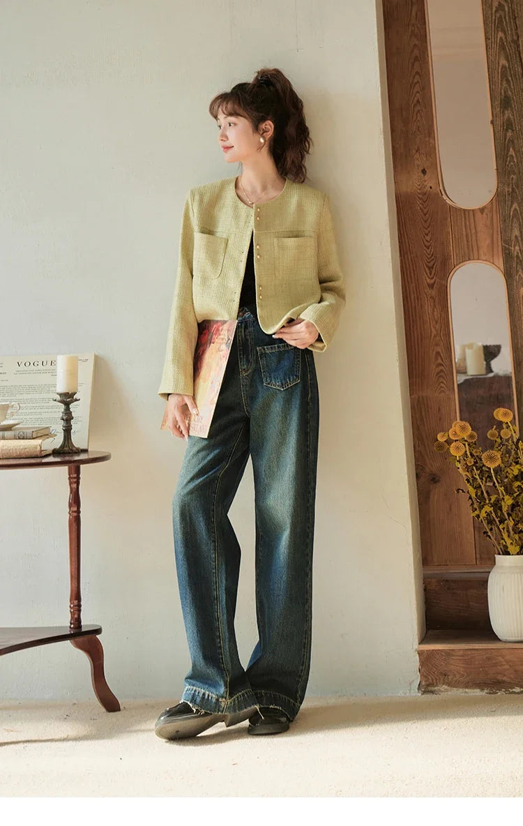 MISHOW Retro Round Neck Coats for Women Spring Autumn Pockets Loose Gold Button Single Breasted Solid Short Jackets MXC44W0072