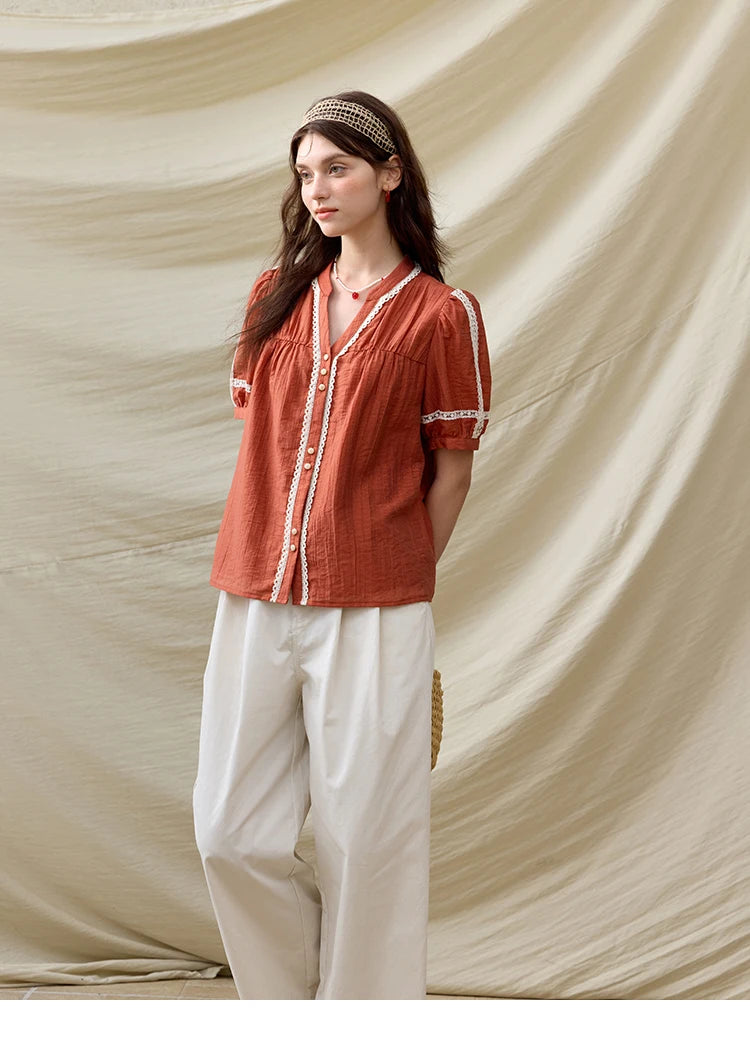 MISHOW French New Blouses Women Summer New 2025 Short Sleeve V-neck Color Matching Shirts Female Fashion Lazy Style MXE31X1766