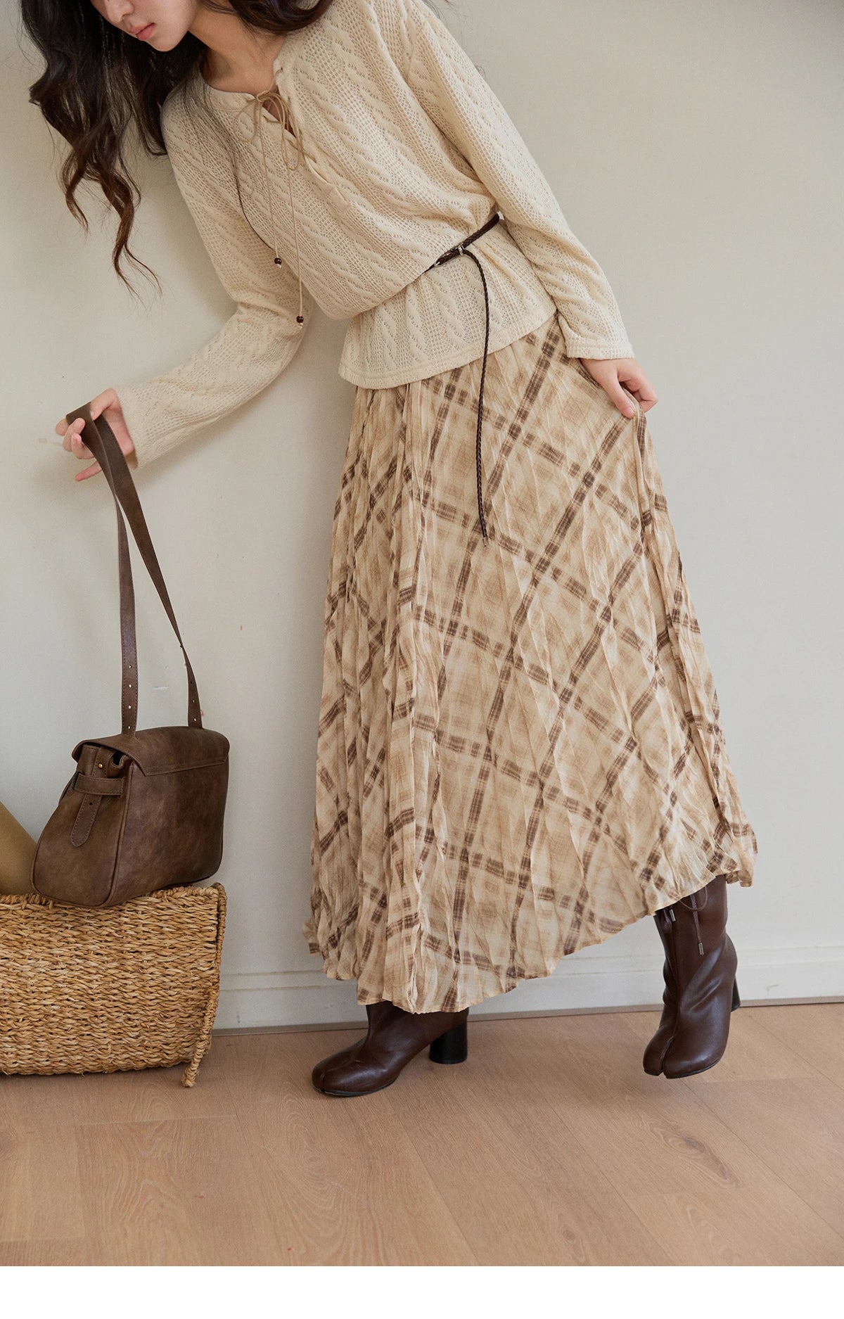 MISHOW Women's Beige Apricot Knitted Sweater 2026 Spring V-Neck Lace-Up Cable Knit Casual Loose Top Excluding Belt MXF108Z1029