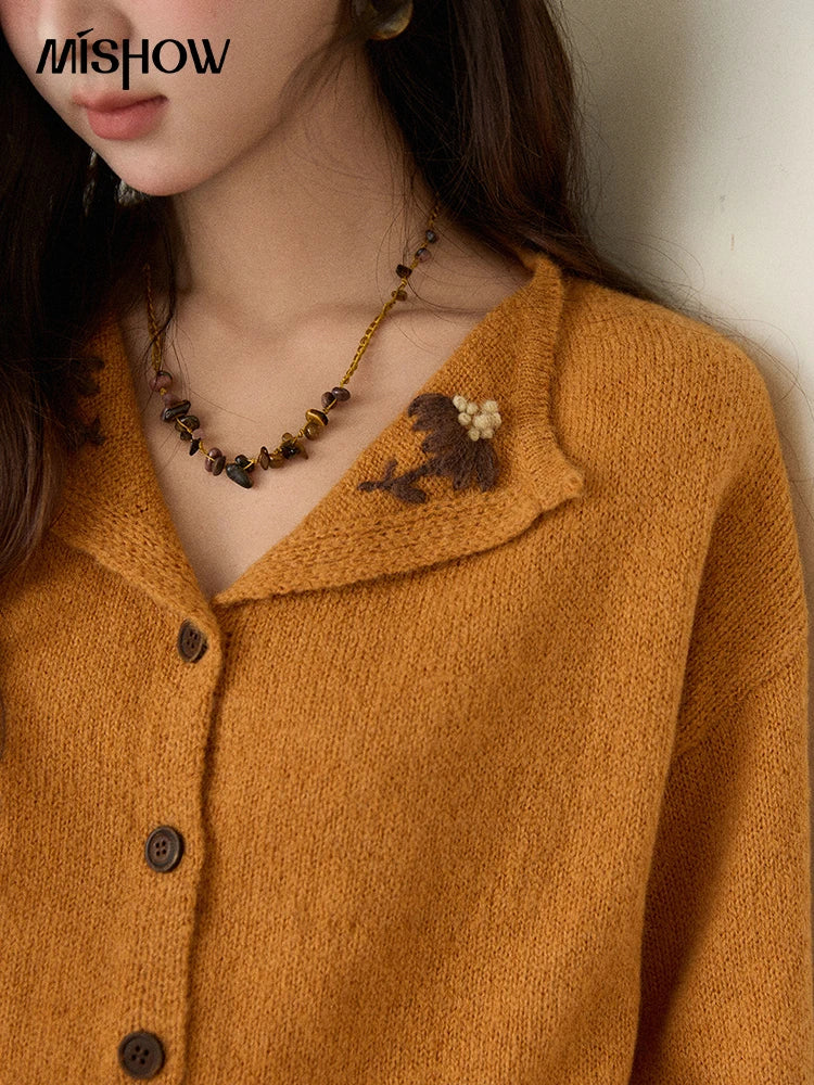 MISHOW Orange Cardigan Women 2025 Winter Retro Openwork Crochet Pattern Knit Top Loose Warm Flared Sleeves Sweater MXE87Z2685