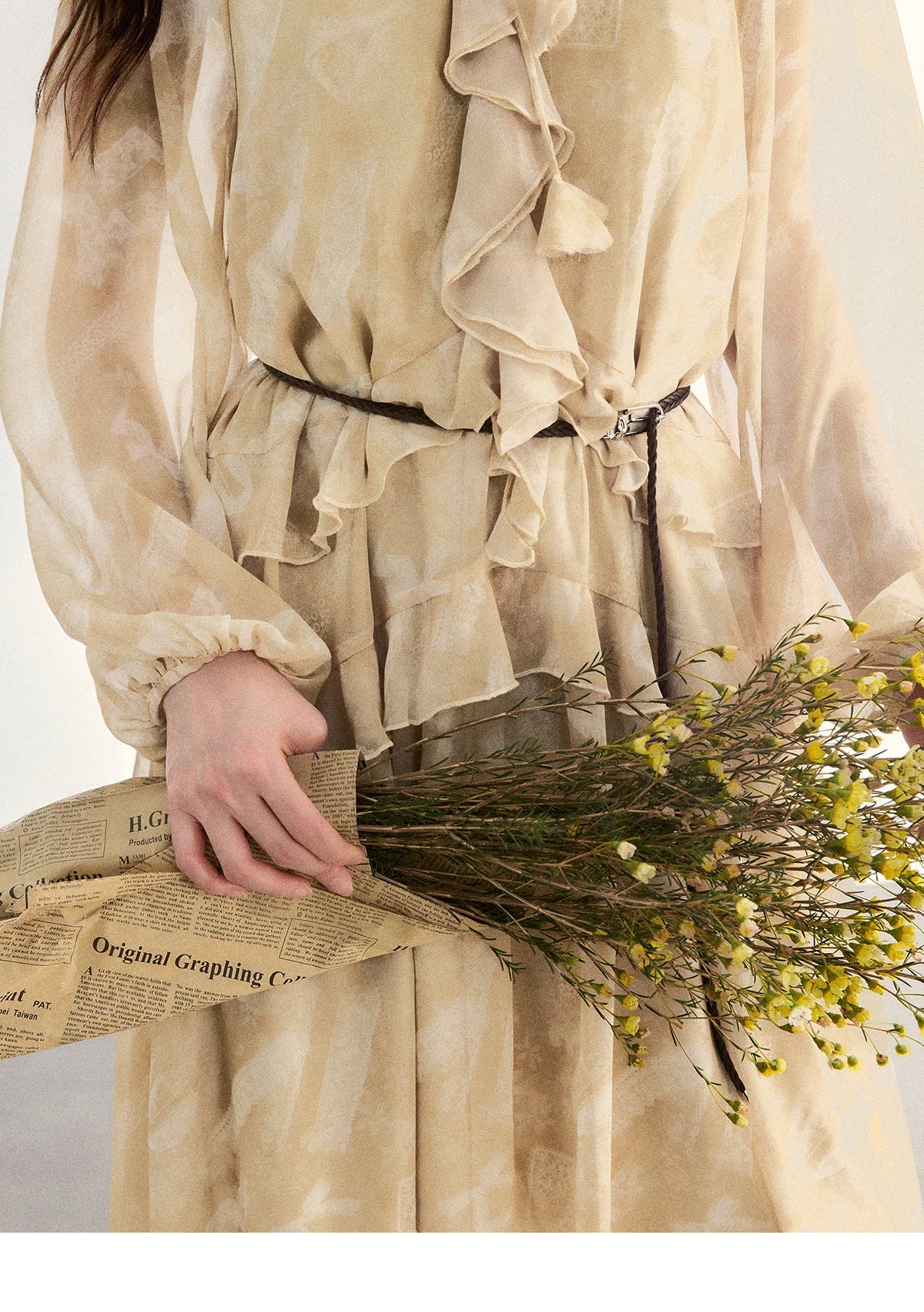 MISHOW Light Yellow Chiffon Maxi Dress 2026 Spring V-Neck Ruffled Belted Floral Print Casual Long Sleeve Dresses MXF11L2554