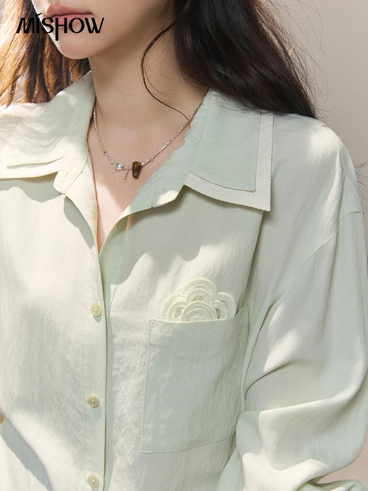 MISHOW Women's Contrast Trim Lapel Collar Shirts 2026 Spring Floral Embroidery Pocket Decor Button Waist Casual Shirt MXF13C2440