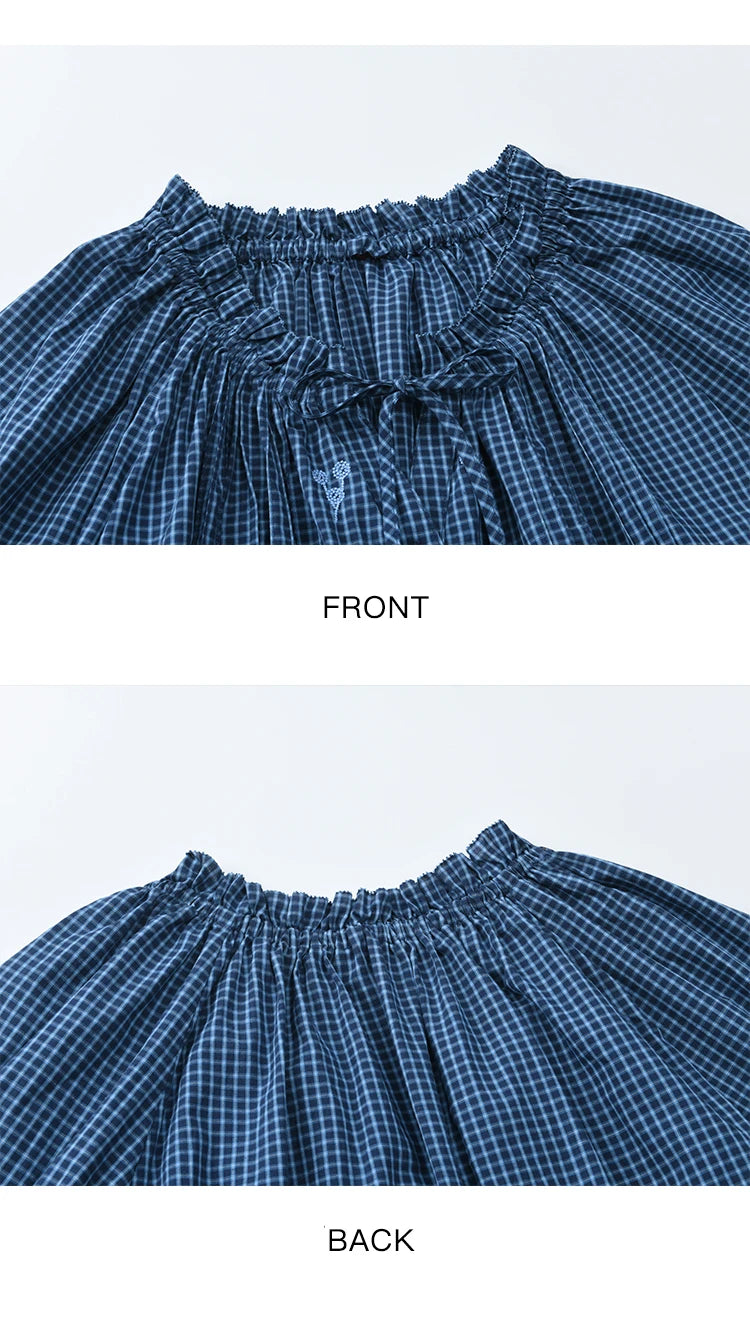 MISHOW Blue Plaid Embroidered Shirt Autumn 2025 Black Fungus Edge Collar Lace-up Doll Shirt 100cotton Loose Retro Top MXE44X2467