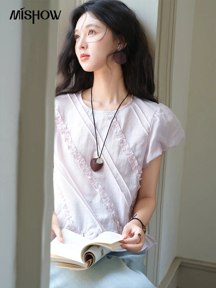 MISHOW Fashion Fungus Edge Puff Sleeve Blouses for Woman 2025 Summer O-Neck French Sweet Loose Top Ladies Clothing MXE39X1941