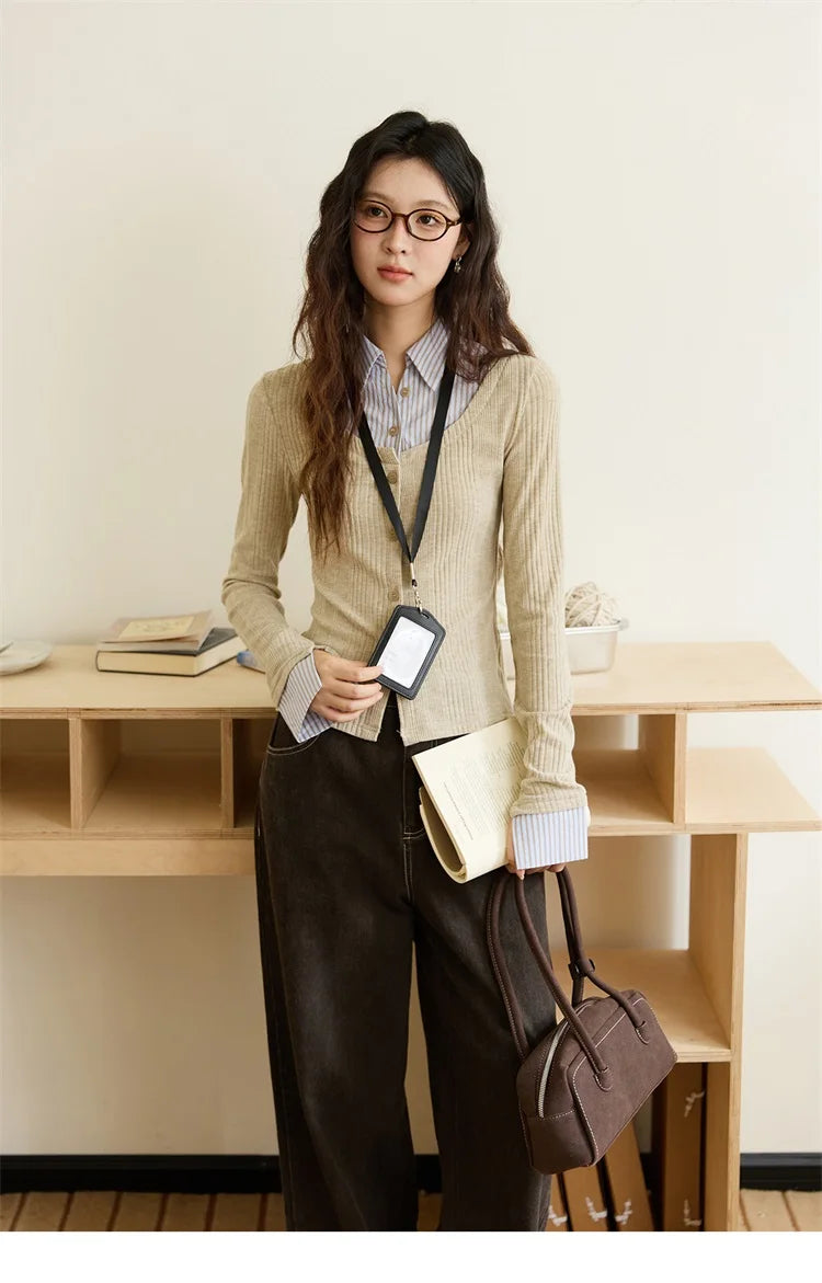 MISHOW Women's Fake Two Knitted Top 2025 Autumn Oat Shirt Collar Splicing Striped Cuffs Thin Sweaters Office Lady MXE46Z2535