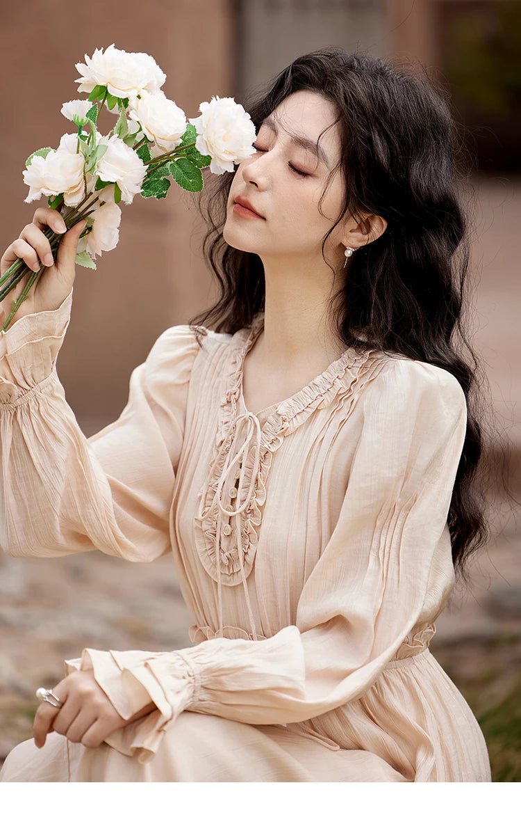 Mishow Pink Fungus Edge V-Neck Lace-Up Dress MXE11L2087