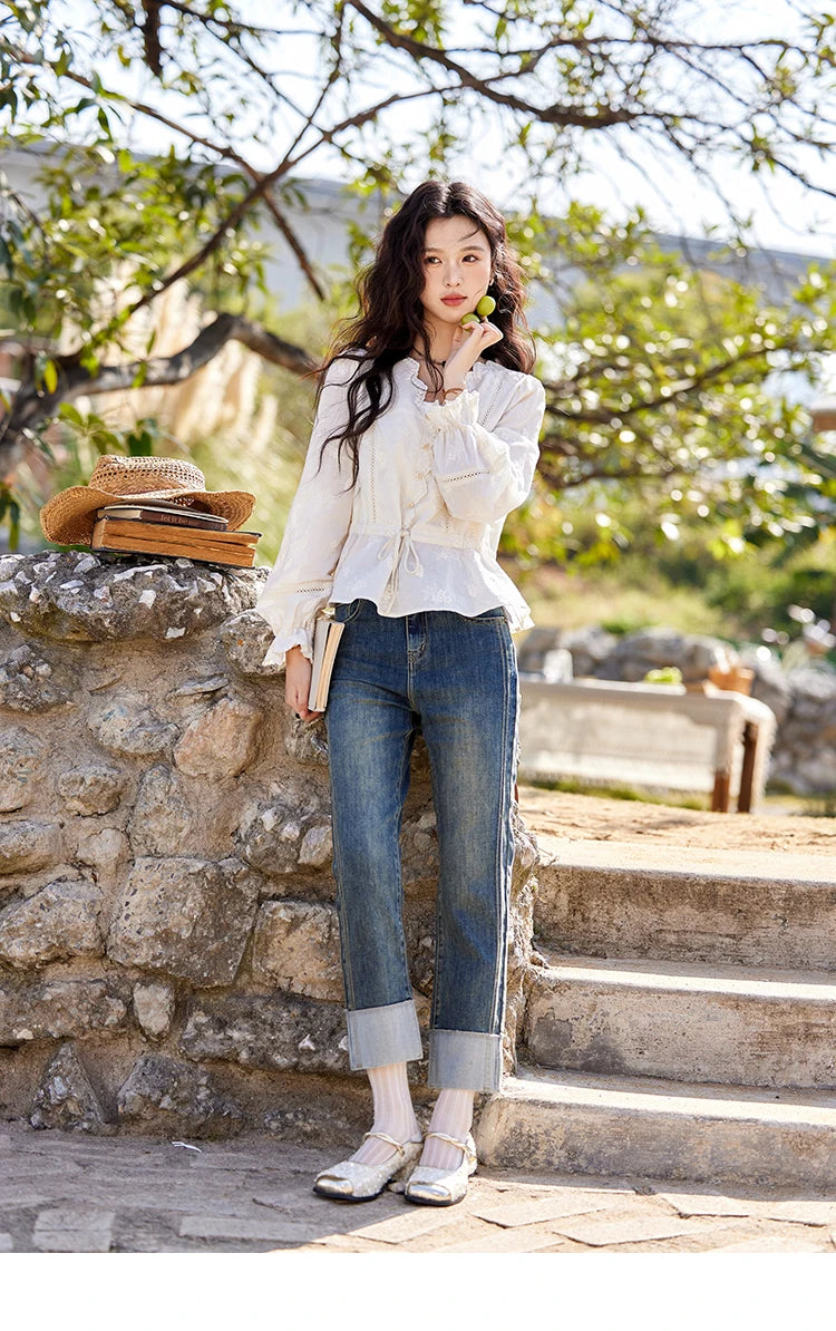 MISHOW Embroidered Blouse Women 2025 Spring New French Elegant Apricot Lace Premium Drawstring Design V Neck Tops MXE11X1708