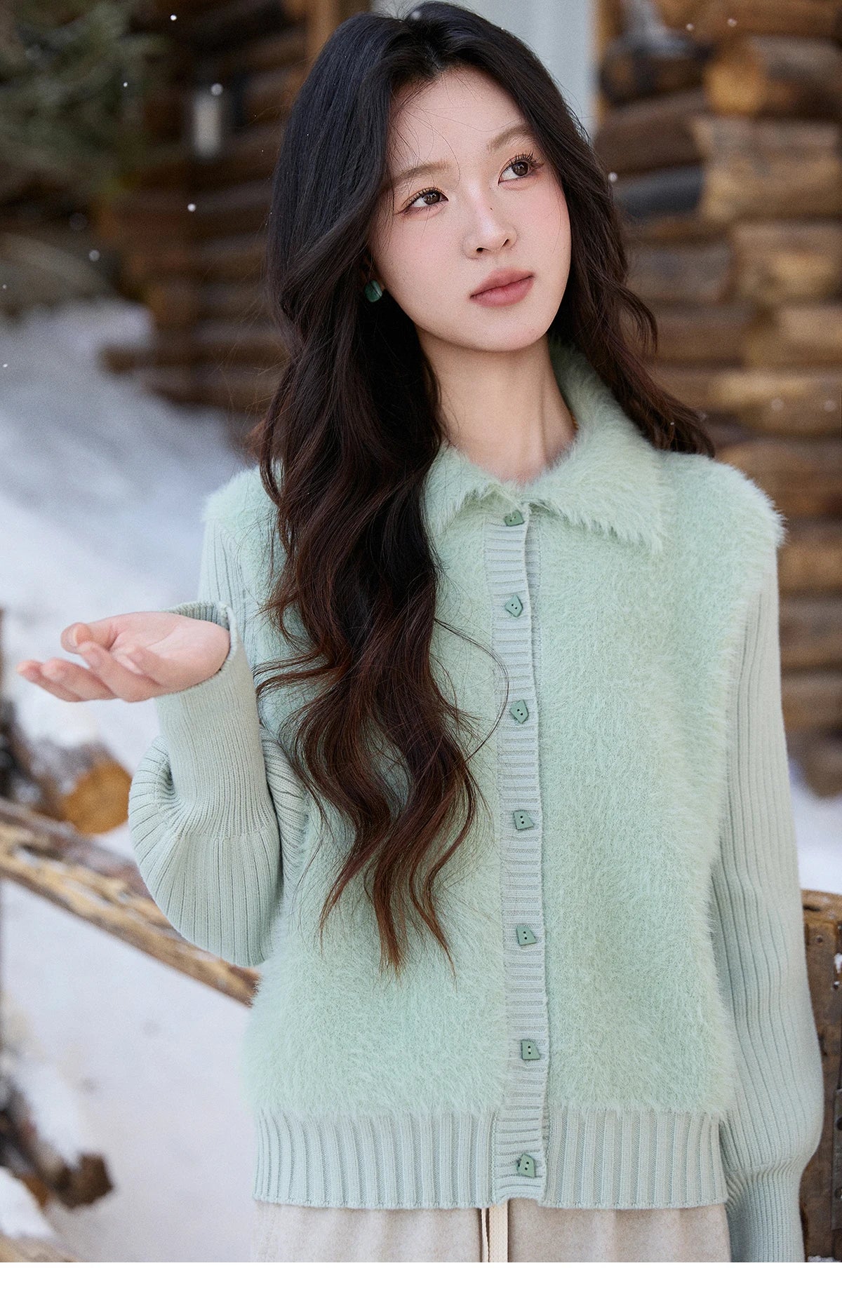 MISHOW Women's Green Faux Mink Fur Patchwork Knitted Cardigan Winter Lapel Warm Soft Knit Top single-breasted sweater MXE86Z2764