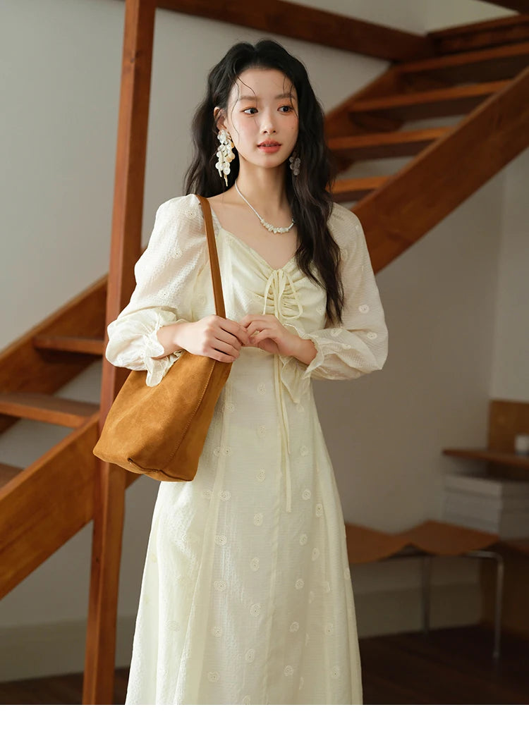 MISHOW Women's Cashew Flower Embroidered Dress 2025 Autumn V-neck Drawstring Long Sleeves Ladies Elegant Slim Dresses MXE41L2387