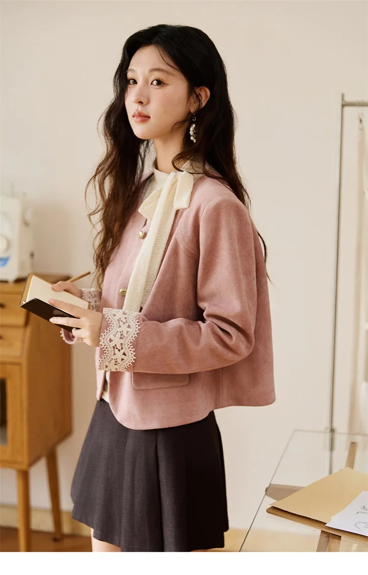 MISHOW Fragrant Suede Jacket for Women Autumn 2025 Cuffs Hollowed Out Lace Short Coats O-neck Metal Button Jackets MXE46W0839